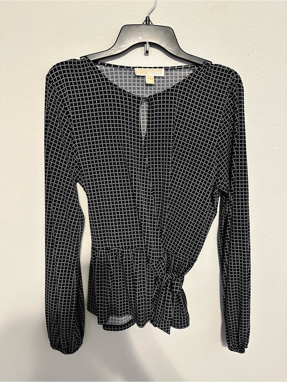 Michael Kors Black Grid Tie-Waist Long Sleeve Top
